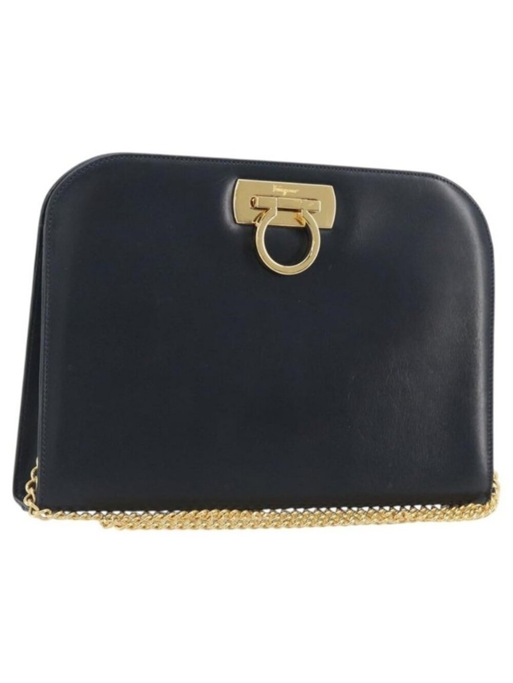 Authentic Salvatore Ferragamo Gancini Chain Shoulder Bag Leather Navy Gold